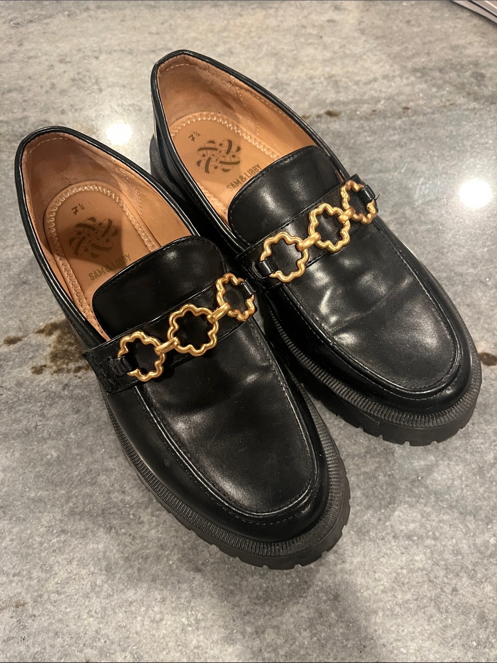 Sam & Libby Black Leather Loafers with Gold Chain Detail